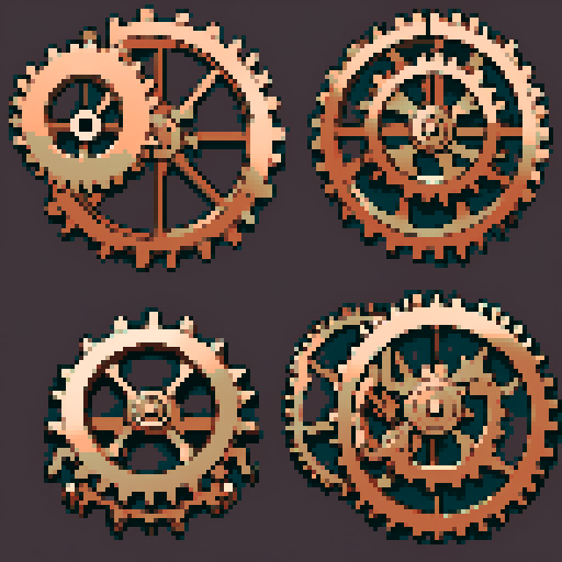 I want a copper gear that looks like it was made by a master clockmaker. It should have strange mechanical details that could interlock with each other. I also want this object usable an asset in a videogame, meaning only one object per image, outlined with a strong black stroke, on a solid-color background.
