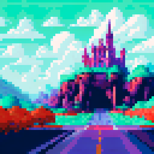 ElonMusk speeding in a sleek electric car, with a majestic castle looming in the background, all rendered in vibrant sRGB pixel art that captures the lush greenery of the surrounding landscape