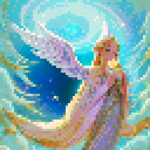 beautiful ethereal angel, delicate shimmering wings, radiant golden halo, flowing ethereal robes, soft pastel colors, celestial background, sparkling starlight, intricate pixel art details