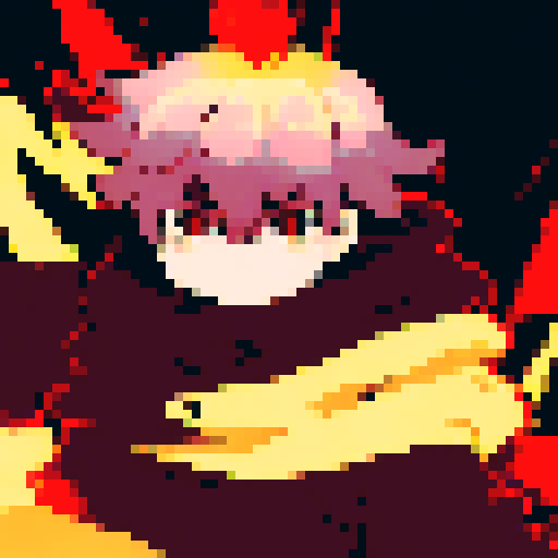 Sinister Final Boss glaring with fiery eyes, towering menacingly as pixelated flames lick at his feet in a dramatic anime-style close-up character portrait.