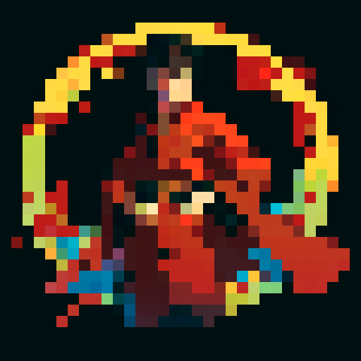 chinese boy in traditional red robe, adorned with intricate gold details, vibrant colors, crisp lines, pixelated charm, black background