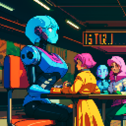 pixelated, colorful, retro, 5 individuals, terrified, distant, robot, table