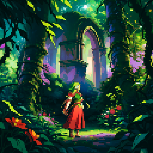 lush jungle forest, haphazard ruins, choked with vines, vibrant flowers in trees, mysterious