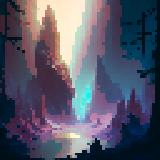 Crystal clear liquid cascading down rocky cliffs, nestled in the midst of a mystical forest, a bubbling spring of effervescent water radiates an otherworldly glow