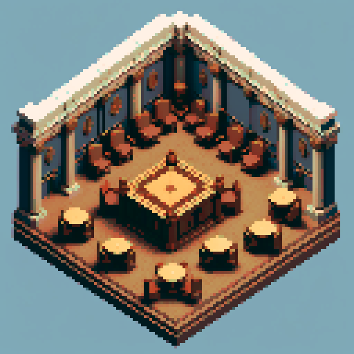 royal council, building, inside, block, wood, one discussion table, wooden interior, council room, columns, isometric, dark