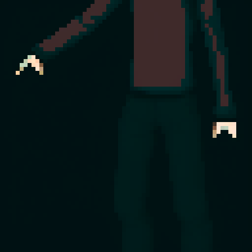 male character, pixel art sprite, black clothing, neutral pose, neutral facial expression, sRGB palette