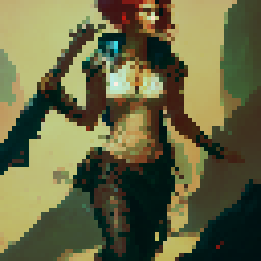 Fierce, muscular warrior with fiery red hair wielding a glowing, enchanted sword standing atop a craggy, mountain peak overlooking a fantastical landscape