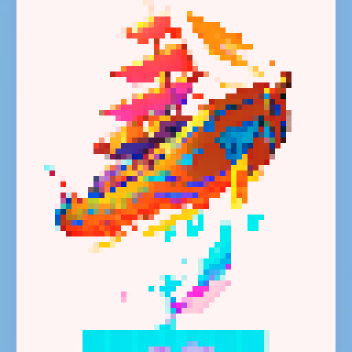 boat with billowing sail, shimmering waves, vibrant orange and pink hues, pixelated art style, sRGB, pixel art, 20 colors used
