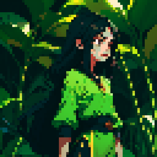 Young woman, black long hair, green Thai costume, small chest, dark night time, banana forest background