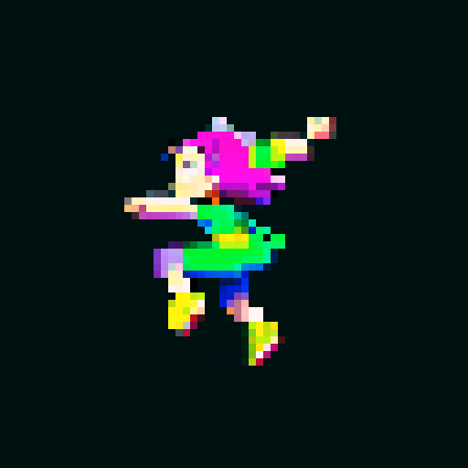 walking figure, energetic strides, flowing locks, vibrant colors, retro aesthetics, dynamic motion, exaggerated arm swings, lively pixelation, detailed highlights, smooth transitions, seamless animation