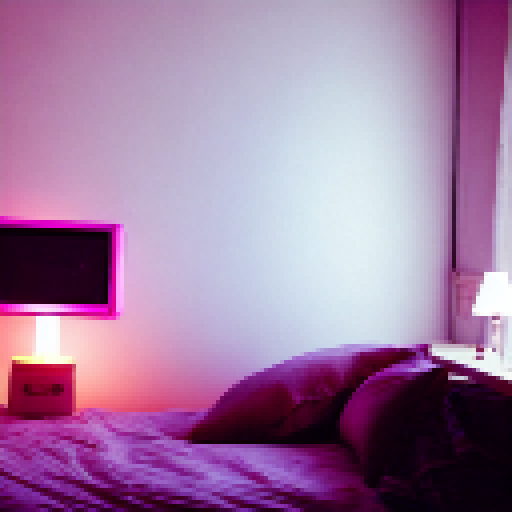 a 1980s style bedroom at night with moody pink hue lighting, with an old tv and old computer on