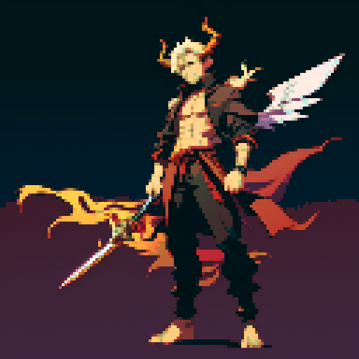 full-body image, one winged demon, sexy male, horns, sword, sRGB, pixel art