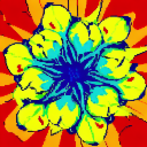 A vibrant, multicolored flower with delicate petals and a center, captured in a close-up character portrait with a Van Gogh aesthetic and rendered in charming pixel art.