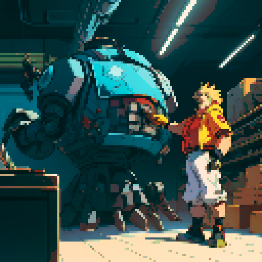 fat mad scientist, facing left, full-body image, exaggerated features, pixelated details, giant robot, mechanical limbs, robot workshop backdrop, sRGB color palette