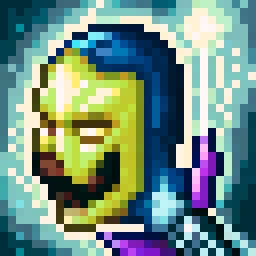 Pixel art of a goofy knight with oversized armor, a tiny helmet, and a massive sword dragging behind. He wears a tattered cape and a glowing rune-covered gauntlet. One hand holds a sword, the other a magic staff. Limited but vibrant colors: dark blue, gold, and glowing purple. Confident yet silly smirk. Retro 16-bit RPG style