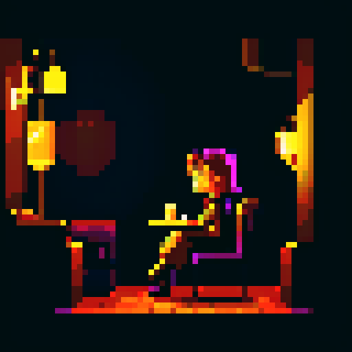 Cozy character sitting at a dimly lit jazz club, under the warm glow of a street light, surrounded by black, dark purple, brown, and gold hues in a pixel art style