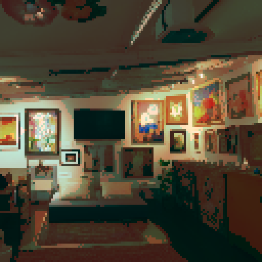 a cozy art gallery with several paintings in view