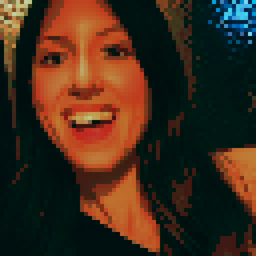 Pixelated anime girl with fluffy cat ears, neon lights reflecting off her shiny black hair, playful pose with mischievous eyes, surrounded by a rainbow of vibrant colors in pixel art style