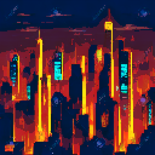 Generate a giant city, planview from the top (birds eye view), there are skyscrapers in this city, it is a night time,