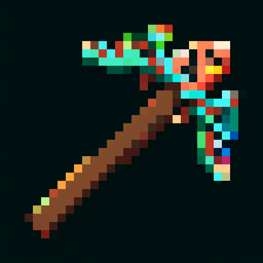 minecraft pickaxe, carved wooden handle, stone head, intricate tribal patterns, vibrant colors