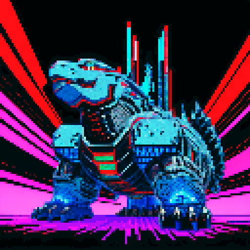 Mechagodzilla, towering metallic behemoth, adorned with intricate pixel art details, glowing with vibrant sRGB colors