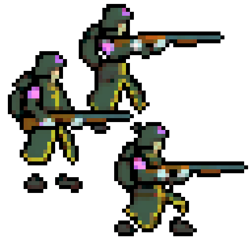 3 arbalet shooter, red hats, medieval helmets, pixel art, sRGB