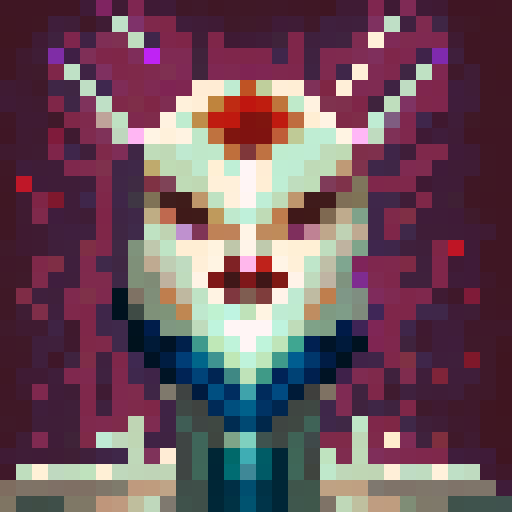 Fierce warrior with glowing blue eyes, sharp horns, and flowing red hair, rendered in a skillful pixel art style, framed in a close-up portrait perfect for a game icon