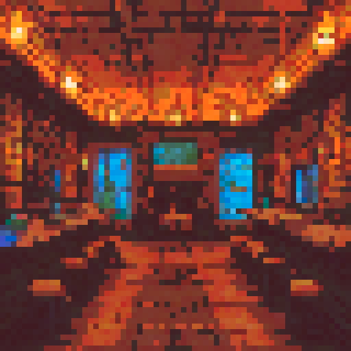 Interior of an old fantasy tavern, dimly lit, cozy fireplace, wooden beams, stone walls, rustic furniture, hanging lanterns, stained glass windows, tapestries, magical artifacts, worn-out carpet, hearth crackling, dusty shelves, barrel tables, candlelit ambiance, medieval paintings, ornate chandeliers, whimsical creatures, shadowy corners, ethereal atmosphere, vibrant colors, quaint bar counter