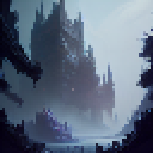 Mystical ruins surrounded by ominous trees, shrouded in a blue mist, with a towering castle in the distance, all depicted in a dark, atmospheric, and highly-detailed fantasy RPG concept art style.
