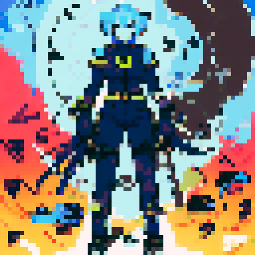 Female bounty hunter, mid-30s, athletic, 5'7", exuding strength and agility, action pose, shoulder-length Midnight Blue hair with Royal Blue streaks, Dark Slate Blue armor with Neon Cyan highlights, Steel Gray gauntlets/shin guards, Charcoal Black underlayer, gold-glowing artifact on her chest, Blue visor, Electric Blue Energy Blade, Matte Black Plasma Gun, Neon Purple belt, character portrait, close up, anime style, pixel art