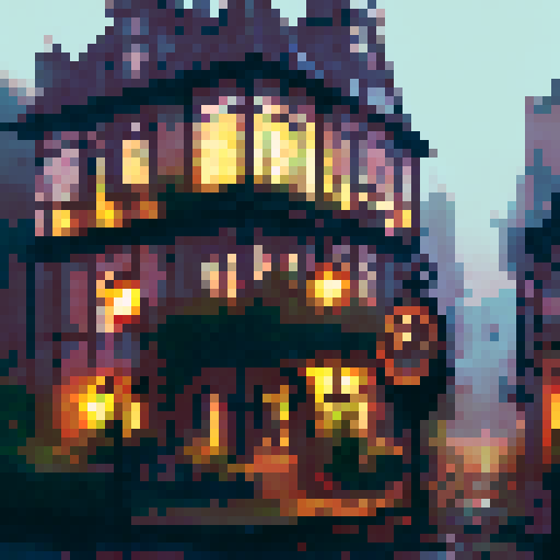 steam clock tower, towering above a misty cityscape, with cascading ivy-covered walls and a wrought iron balcony, surrounded by vintage lampposts and cobblestone streets, all captured in a dramatic landscape portrait