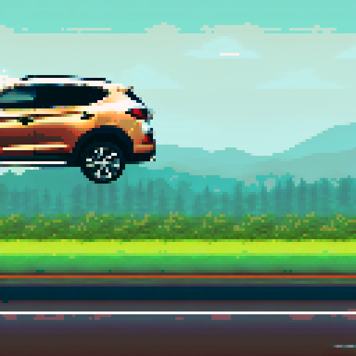 Photorealistic, centered Hyundai Tucson in a three quarter view, right wheel in front, clean background, pixel art style with sRGB colors