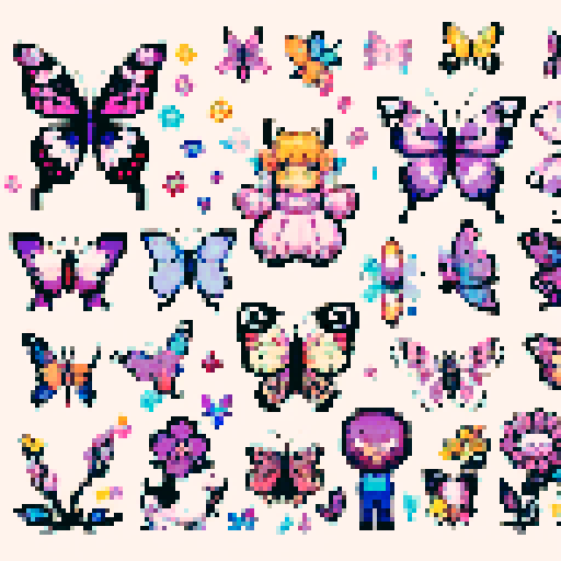 pixel art style butterfly collection whimsical cute style