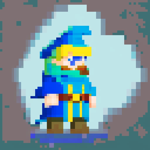 Create a pixel art character of a whimsical wizard, inspired by a cartoon style similar to the provided image. The wizard should wear a blue robe covered with yellow stars and a matching pointy hat. He should have a playful grin