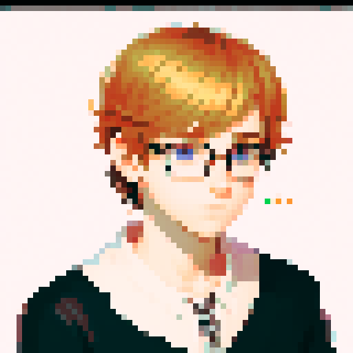 portrait, sprite art, young shy man, cozy, cute, light hair, soft eyes, neutral, curious, nerd