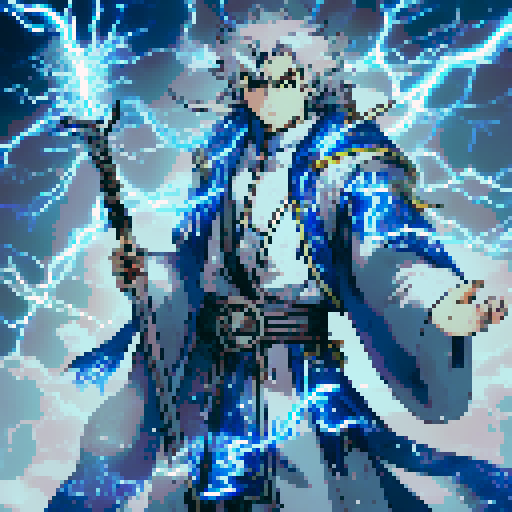 Thalrin Stormcaller, silver-haired storm wizard, blue-eyed master of storm magic, wearing blue and white robe with lightning bolt motifs, holding sparking staff topped with lightning bolt, against stormy sky with dark clouds and flashes of lightning, confident close-up portrait