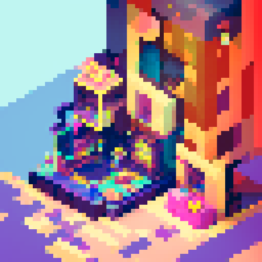 A mischievous, neon-colored pixelated cat clutching a glitchy fish in a retro, arcade-style pixel art world