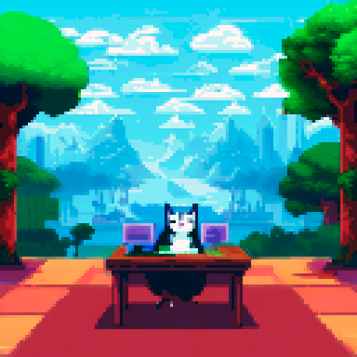 Bushy-bearded programmer furiously typing at desk with black-and-white cat lounging atop computer tower amidst a retro game-style, pixelated landscape with vibrant sRGB colors