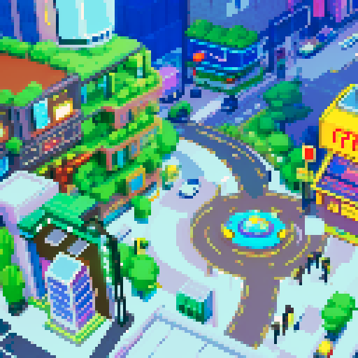 Conton City, bustling streets, neon signs, towering skyscrapers, retro arcade machines, futuristic hovercars, pixelated characters, colorful storefronts, sRGB color palette