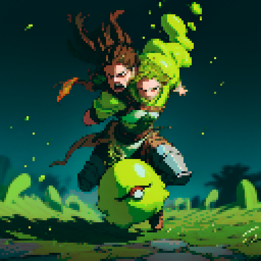 slime slamming into a hero, impact, splattering, full-body image, hero has brown hair and metal armor, slime is green, hero is in pain from the impact of the slime running into them at high speeds