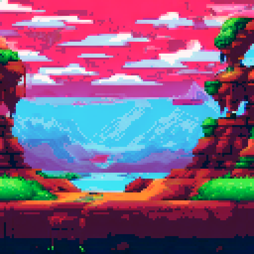 and pit filled with quicksand, platforms with crude giant slingshots, clear and bright weather, pixel art, sRGB, background, landscape