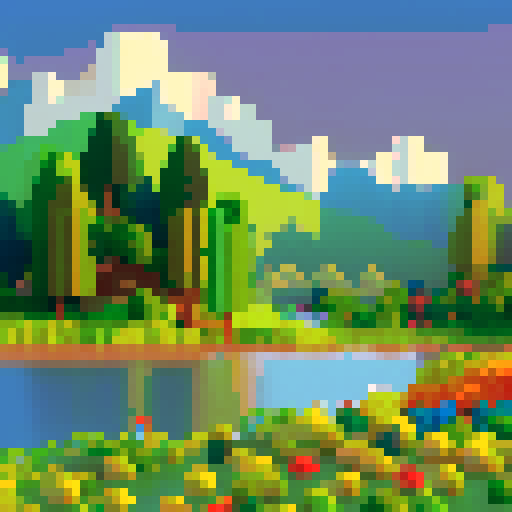 Picos cobertos de neve elevando-se sobre um lago sereno, cercado por florestas verdejantes e flores silvestres florescentes, tudo renderizado em pixel art sRGB vívido com um fundo de uma paisagem deslumbrante