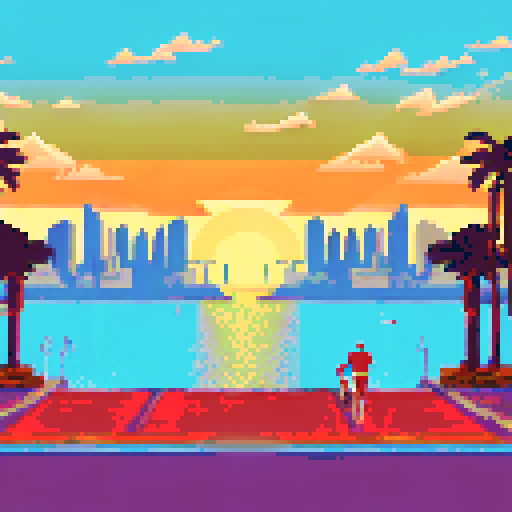 Monaco skyline at sunset, towering palm trees, sparkling ocean, grandstands filled with spectators cheering on their favorite racer, all depicted in retro pixel art style with a muted sRGB color palette