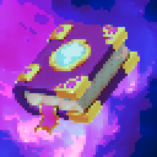 A mystical tome bound in deep violet, its ornate golden corners adorned with gleaming pink gemstones. A luminous blue crystal rests at its heart, radiating arcane energy, while a satin ribbon bookmark peeks from its enchanted pages. Rendered in a vibrant, fantasy-inspired digital painting, floating against a cosmic nebula, captured in a mesmerizing close-up portrait.