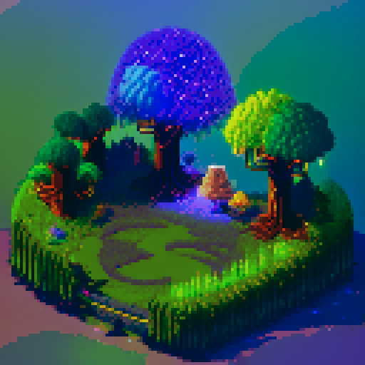 Glowing vines, pulsating with energy, wrap around a towering, gnarled tree with sparkling leaves, guarded by ethereal spirits wielding crackling lightning bolts in a pixel art landscape, with a background pulsing in sRGB hues