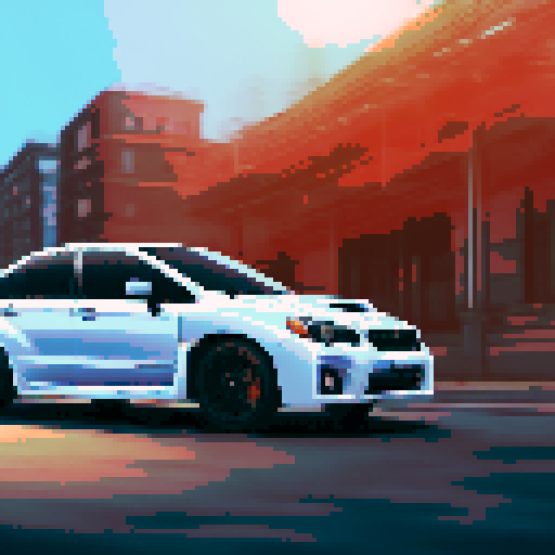 Photorealistic whole Subaru Imperza WRX, centered, three-quarter view, right front wheel, clean background, realistic colors, pixel art style

