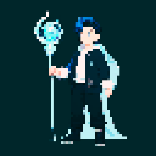 Gender: Male
Age: Young adult
Hair: Near-black deep blue, styled in a way that suggests a cold or icy theme, perhaps with a few strands of hair falling over his forehead.
Eyes: Icy blue, half-closed, giving a calm and introspective expression.
Pose:
Standing in a confident and poised manner, holding a staff that suggests his ice powers.
Ensure the background is transparent to allow for versatile use of the character illustration.