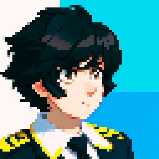police chief, black hair, close-up, confident stance, anime style, pixel art, suit, front view, 50-years-old, front view, bust, serious expression