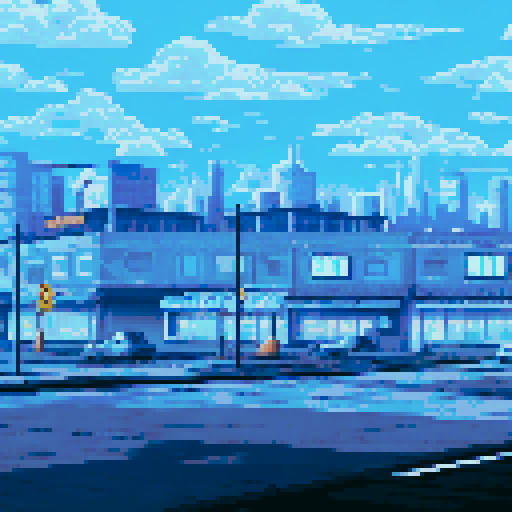 industrial, storefront, overcast sky at night, glowing streetlights, vacant lot, long shadows