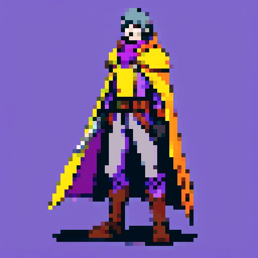 mysterious gunslinger with metal shoulder pads, metal gauntlets, bluish gray pants, brown leather chest armor with yellow highlights, bright purple tattered cloak covering face, sRGB, pixel art, fantasy RPG